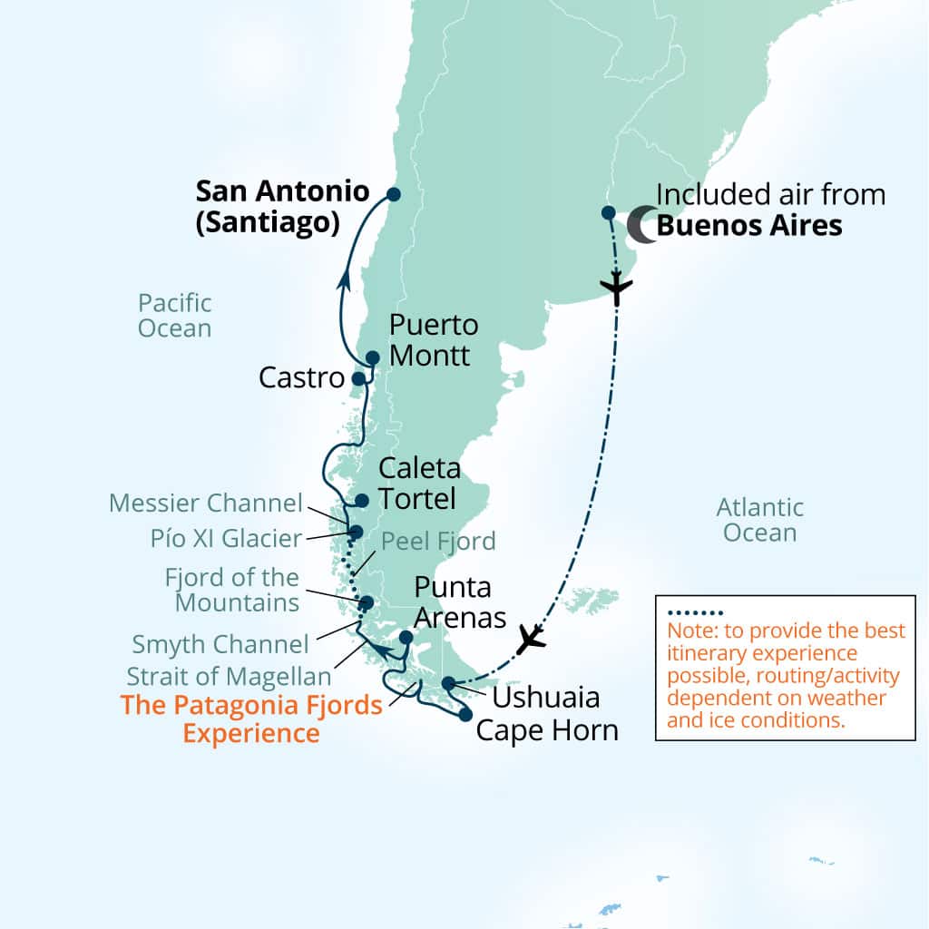 Seabourn Pursuit 15-day Buenos Aires to San Antonio (Santiago), Chile itinerary map, March 23-April 7 2027