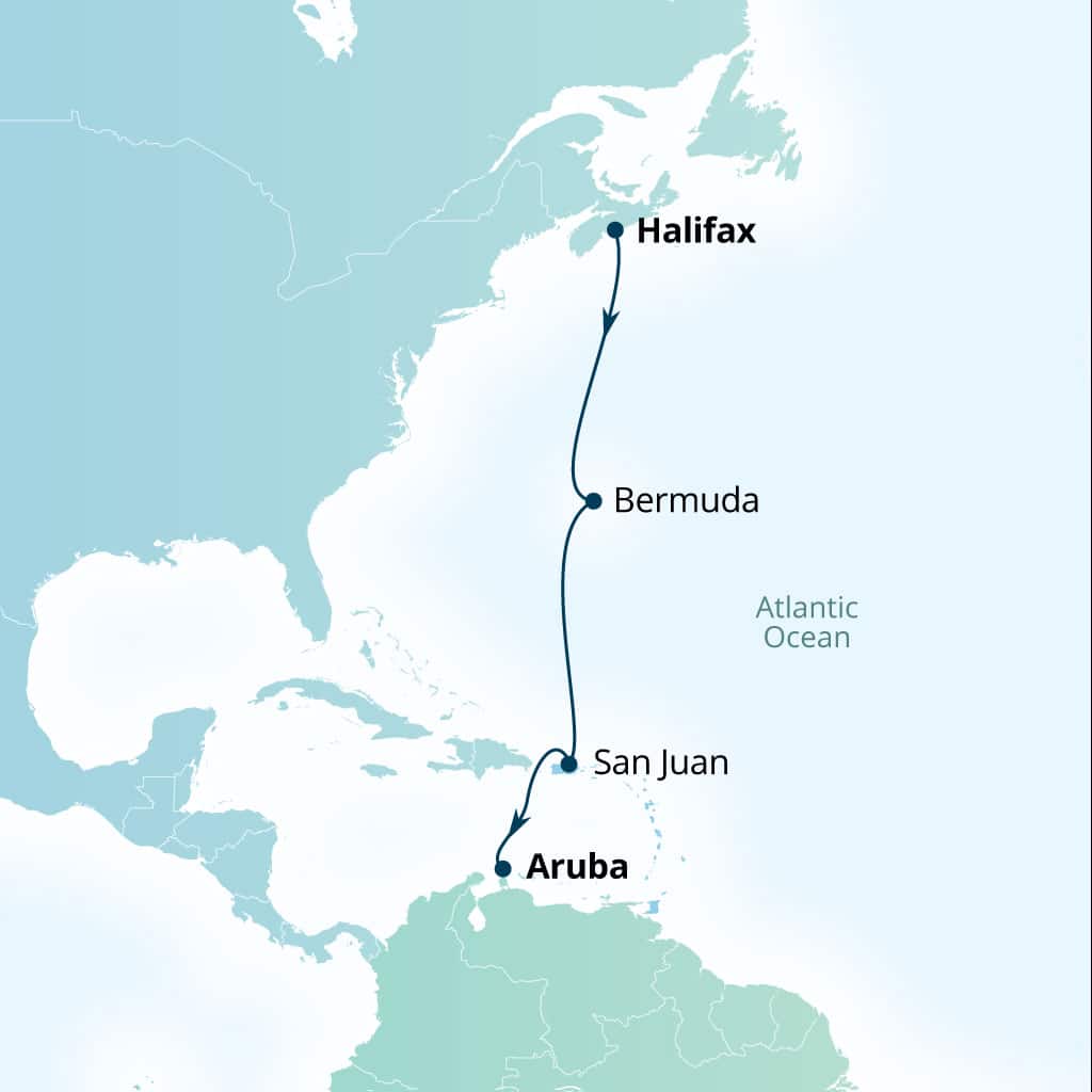 Seabourn Pursuit 8-day Halifax, Nova Scotia, Canada to Oranjestad, Aruba itinerary map, September 24-October 2 2028
