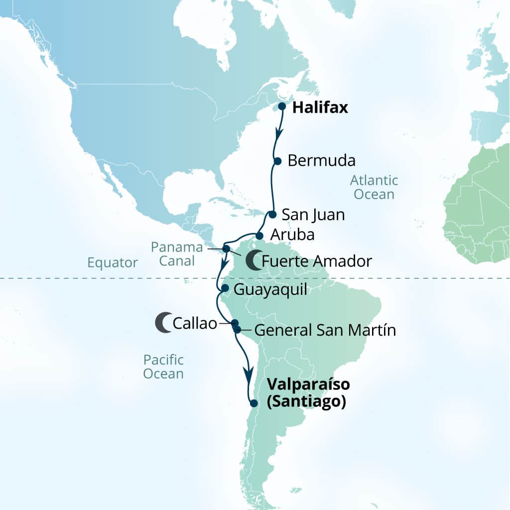 Seabourn Pursuit 24-day Halifax, Nova Scotia, Canada to Valparaiso (Santiago), Chile itinerary map, September 24-October 18 2028