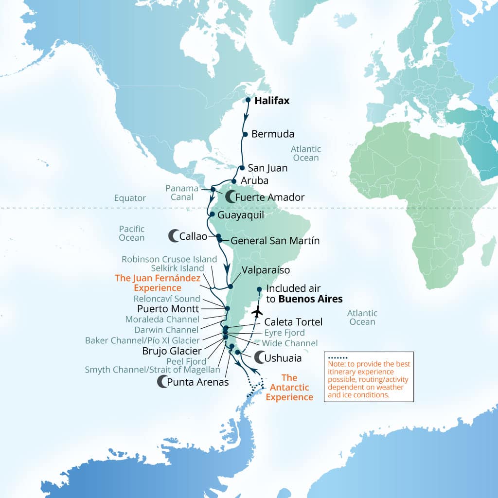 Seabourn Pursuit 46-day Halifax, Nova Scotia, Canada to Buenos Aires itinerary map, September 24-November 9 2028