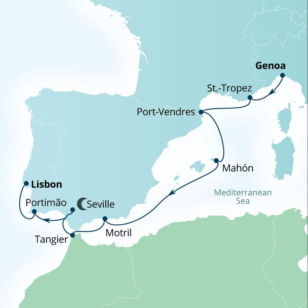 Seabourn Pursuit 10-day Genoa, Italy to Lisbon, Portugal itinerary map, May 23-June 2 2028