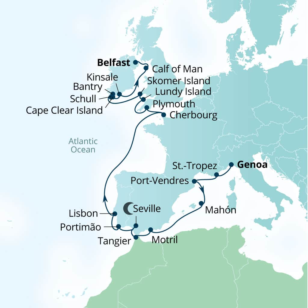 Seabourn Pursuit 22-day Genoa, Italy to Belfast, Northern Ireland, United Kingdom itinerary map, May 23-June 14 2028
