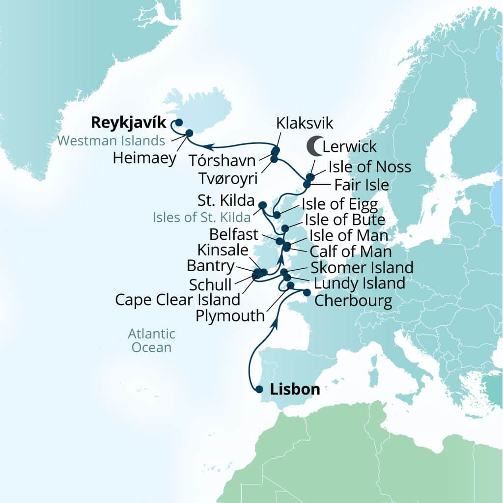 Seabourn Pursuit 34-day Genoa, Italy to Reykjavik, Iceland itinerary map, May 23-June 26 2028
