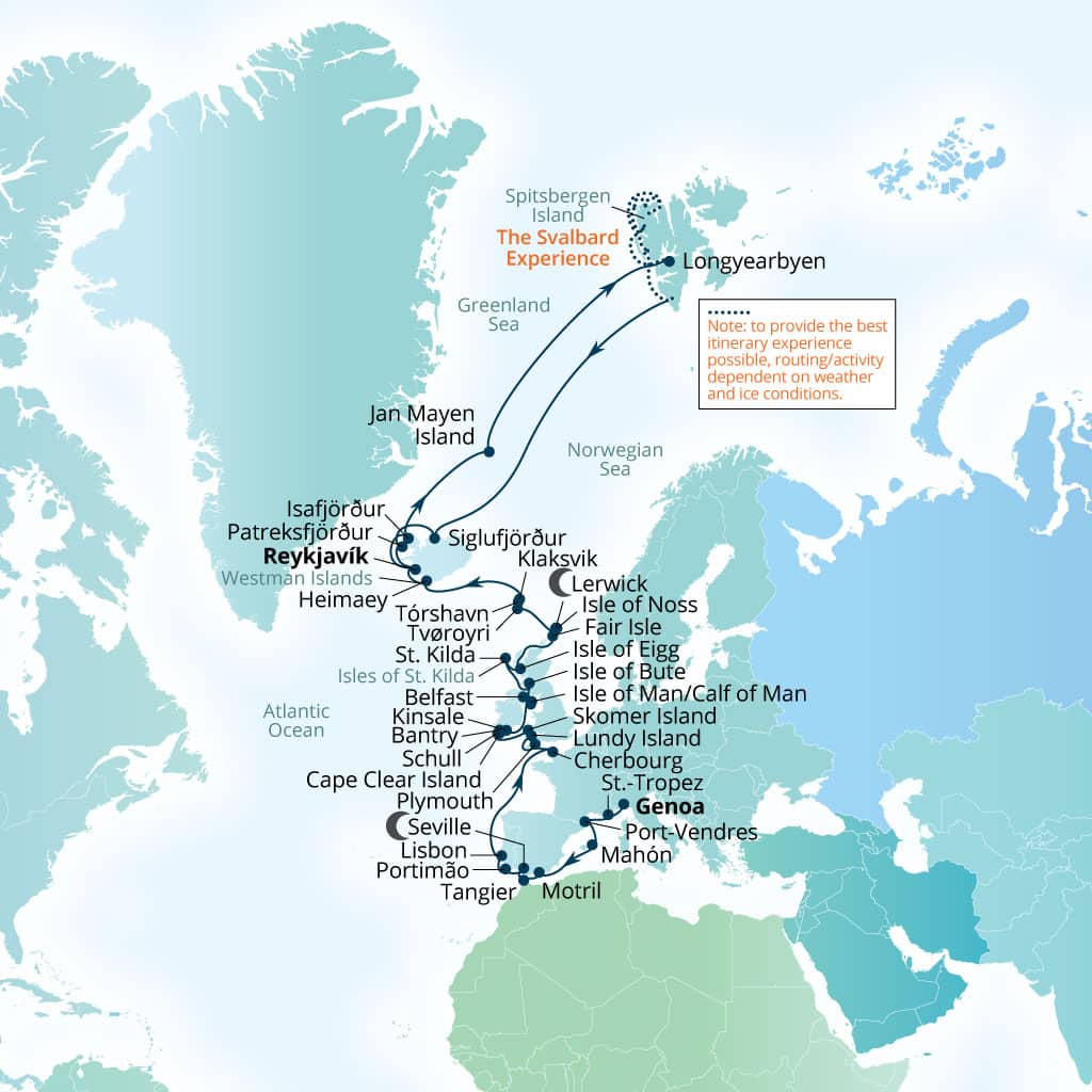 Seabourn Pursuit 50-day Genoa, Italy to Reykjavik, Iceland itinerary map, May 23-July 12 2028