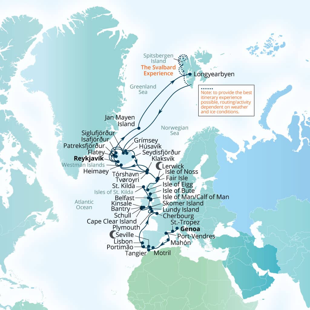Seabourn Pursuit 62-day Genoa, Italy to Reykjavik, Iceland itinerary map, May 23-July 24 2028