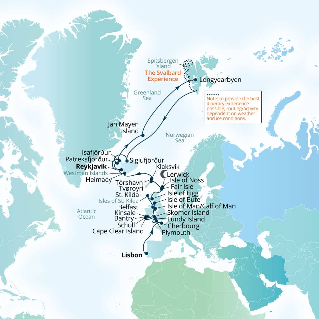 Seabourn Pursuit 40-day Lisbon, Portugal to Reykjavik, Iceland itinerary map, June 2-July 12 2028