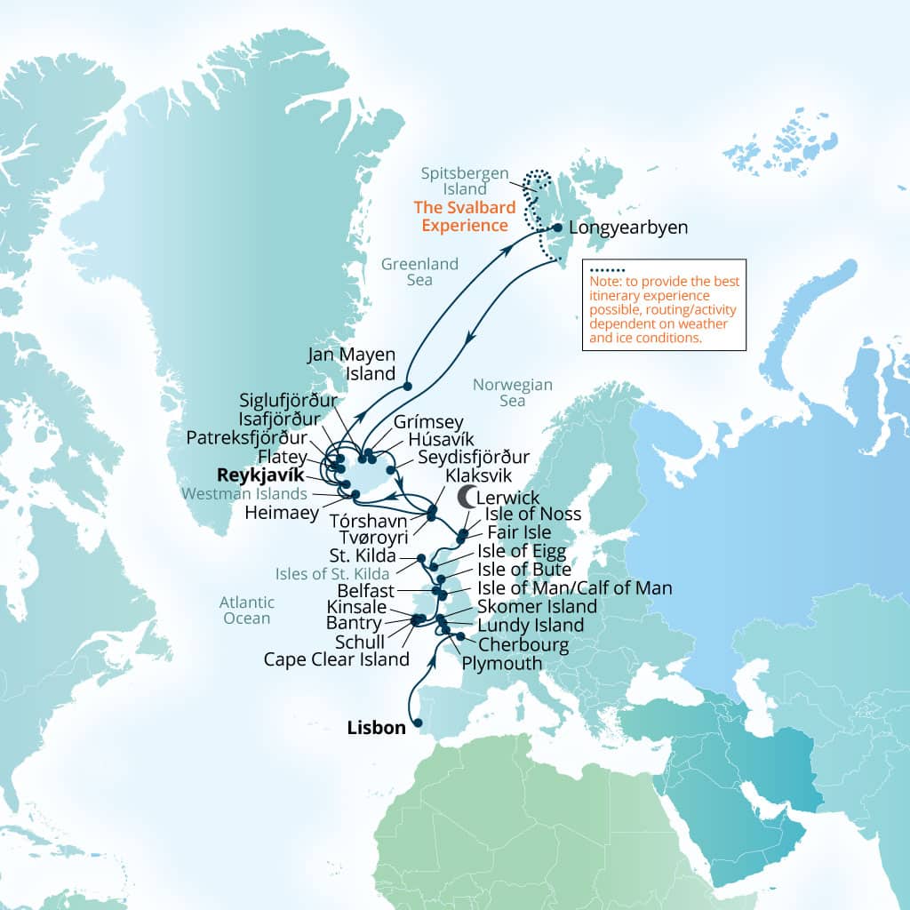 Seabourn Pursuit 52-day Lisbon, Portugal to Reykjavik, Iceland itinerary map, June 2-July 24 2028