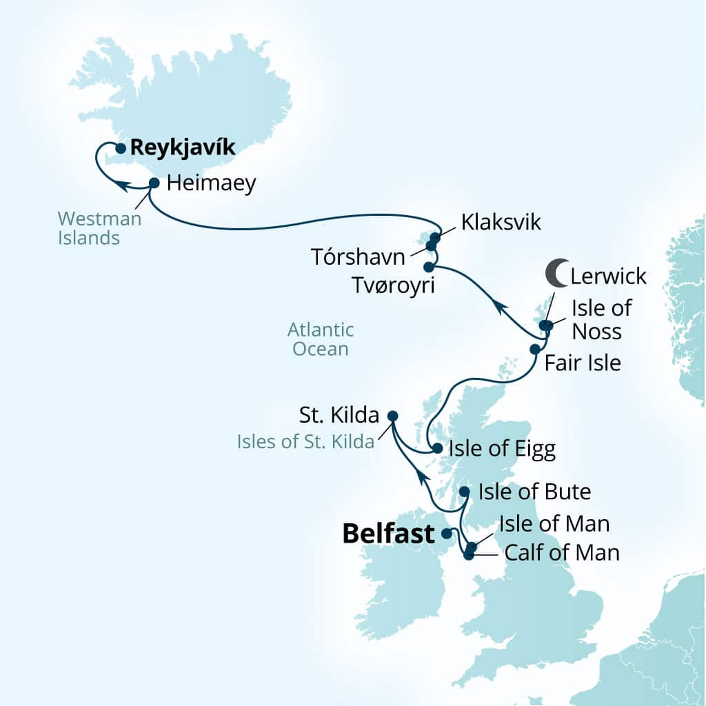 Seabourn Pursuit 12-day Belfast, Northern Ireland, United Kingdom to Reykjavik, Iceland itinerary map, June 14-26 2028