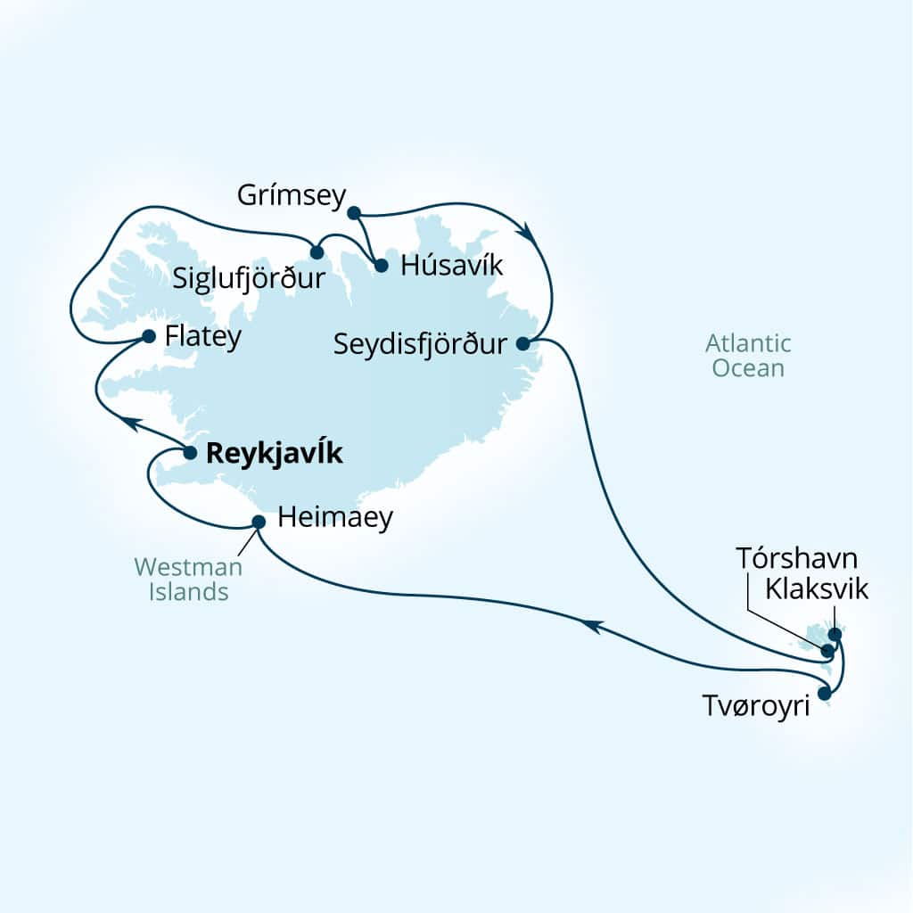 Seabourn Pursuit 12-day Reykjavik, Iceland to Reykjavik, Iceland itinerary map, July 12-24 2028
