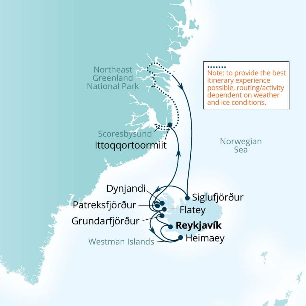 Seabourn Pursuit 14-day Reykjavik, Iceland to Reykjavik, Iceland itinerary map, August 9-23 2028