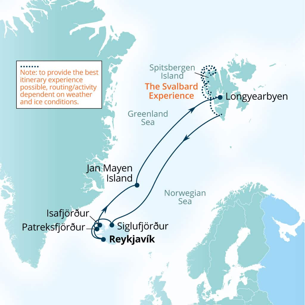 Seabourn Pursuit 16-day Reykjavik, Iceland to Reykjavik, Iceland itinerary map, July 24-August 9 2028