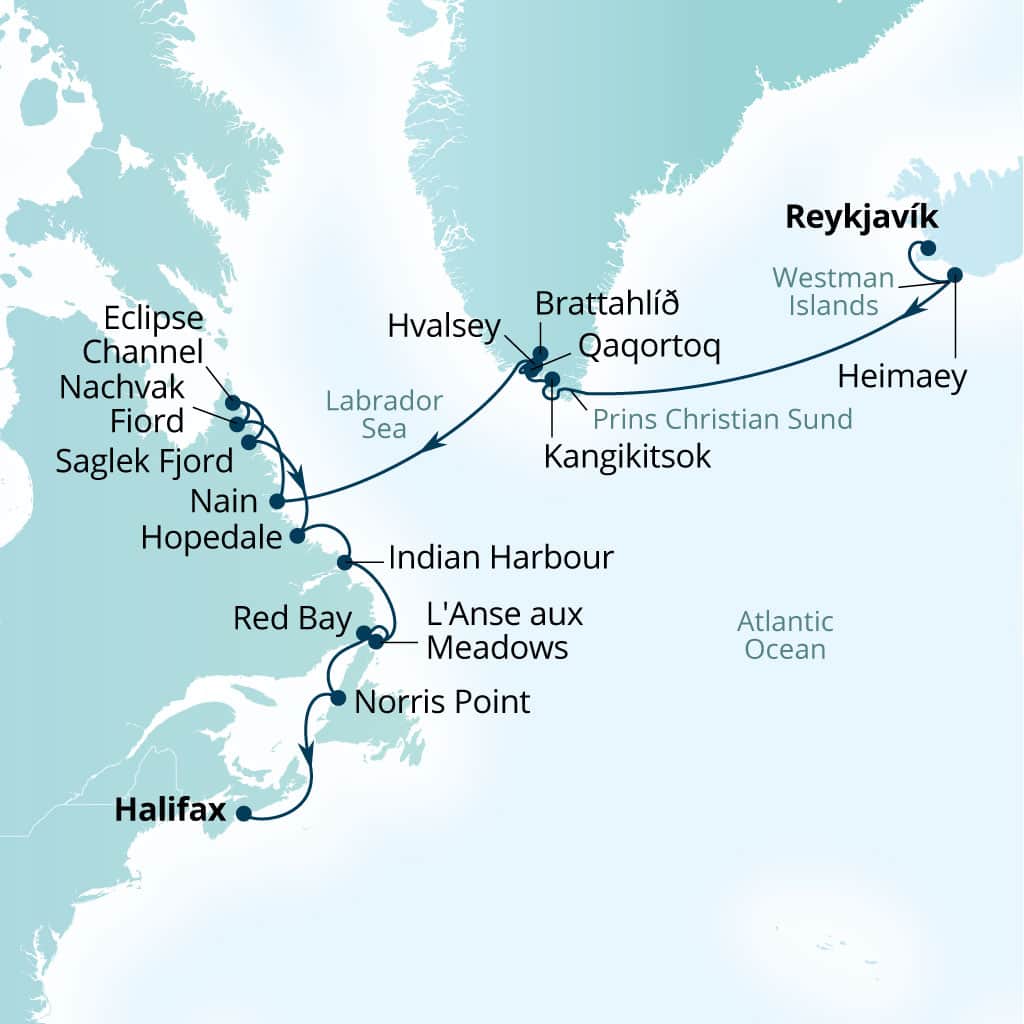 Seabourn Pursuit 18-day Reykjavik, Iceland to Halifax, Nova Scotia, Canada itinerary map, September 6-24 2028