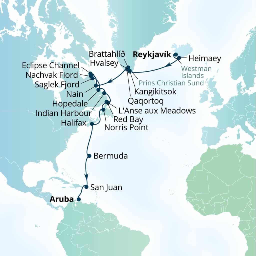 Seabourn Pursuit 26-day Reykjavik, Iceland to Oranjestad, Aruba itinerary map, September 6-October 2 2028