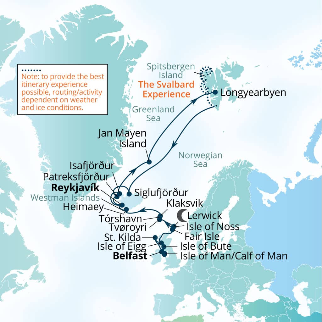 Seabourn Pursuit 28-day Belfast, Northern Ireland, United Kingdom to Reykjavik, Iceland itinerary map, June 14-July 12 2028