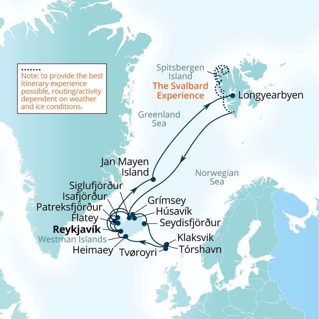 Seabourn Pursuit 28-day Reykjavik, Iceland to Reykjavik, Iceland itinerary map, July 12-August 9 2028
