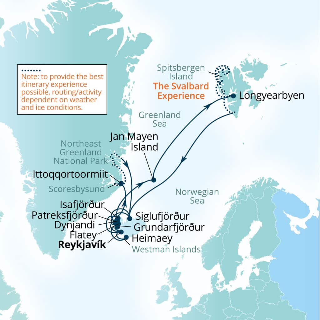 Seabourn Pursuit 30-day Reykjavik, Iceland to Reykjavik, Iceland itinerary map, July 24-August 23 2028