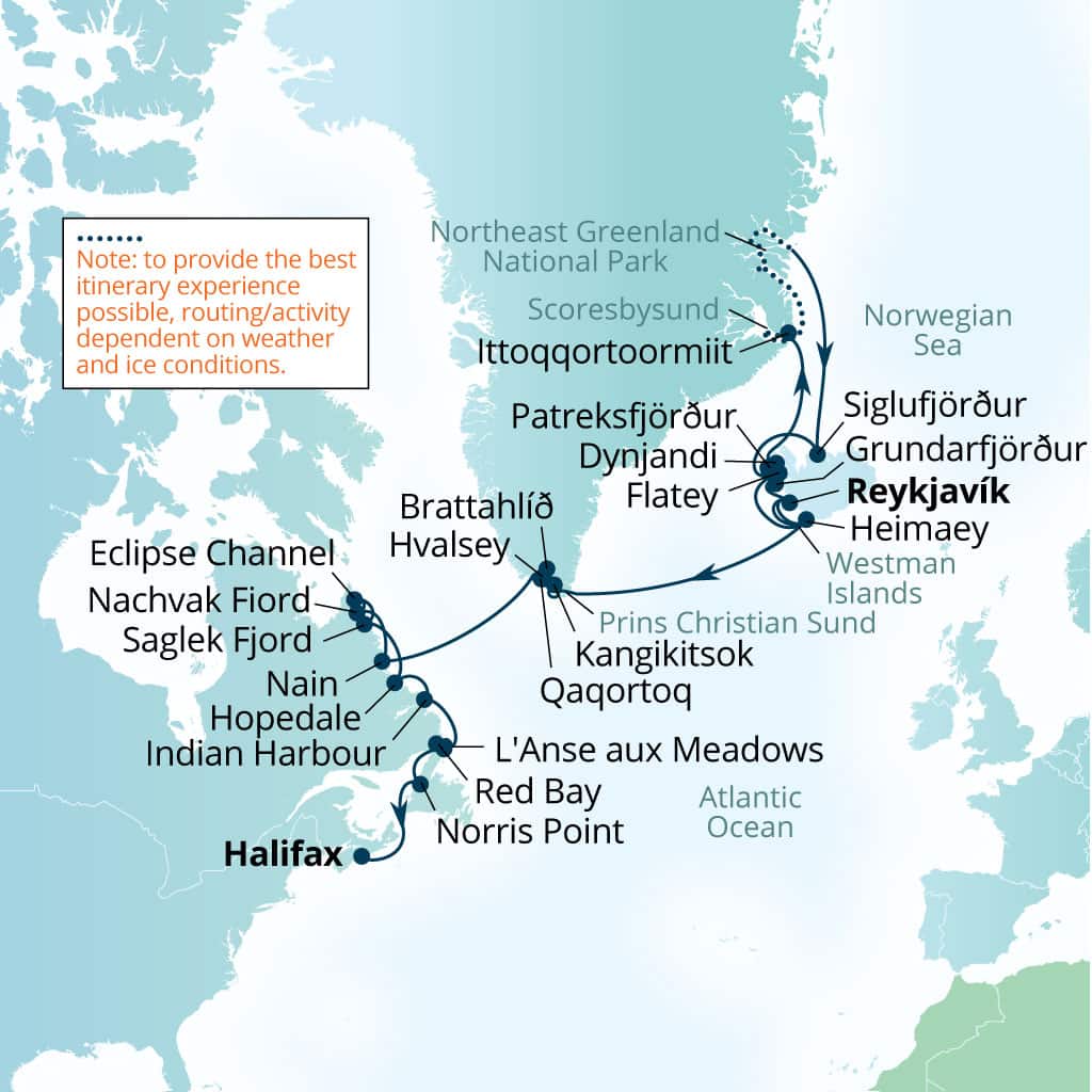 Seabourn Pursuit 32-day Reykjavik, Iceland to Halifax, Nova Scotia, Canada itinerary map, August 23-September 24 2028