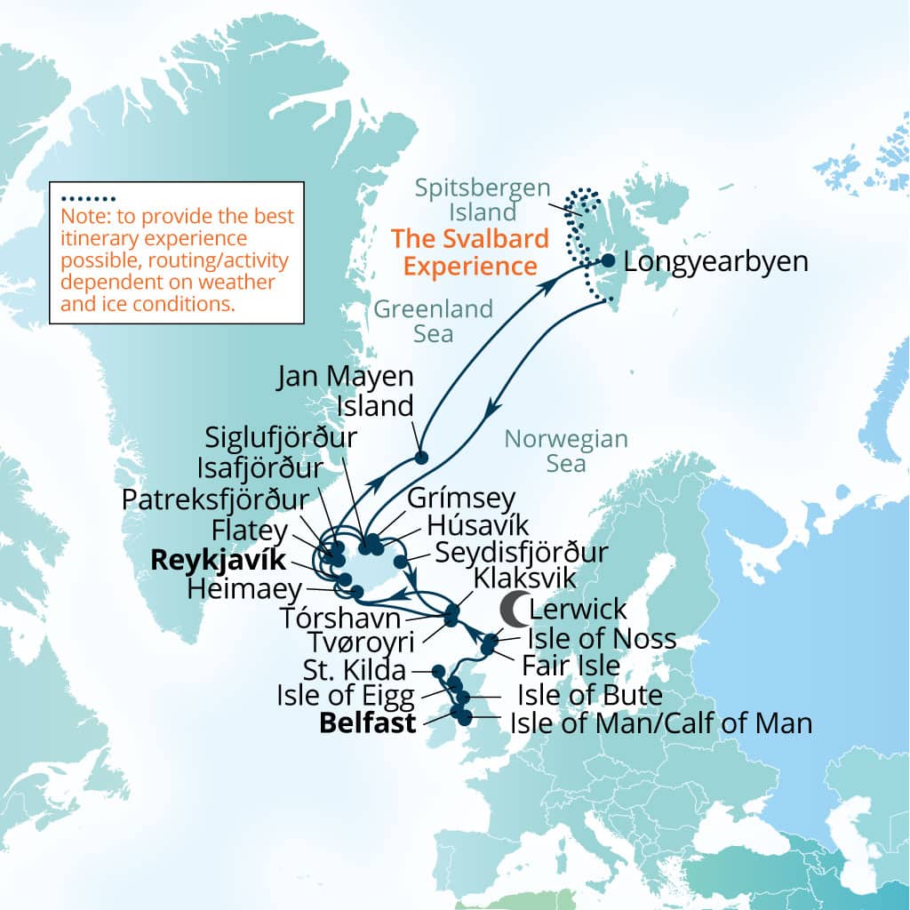 Seabourn Pursuit 40-day Belfast, Northern Ireland, United Kingdom to Reykjavik, Iceland itinerary map, June 14-July 24 2028