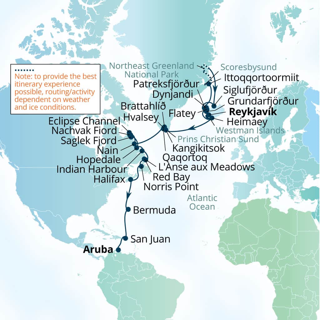 Seabourn Pursuit 40-day Reykjavik, Iceland to Oranjestad, Aruba itinerary map, August 23-October 2 2028