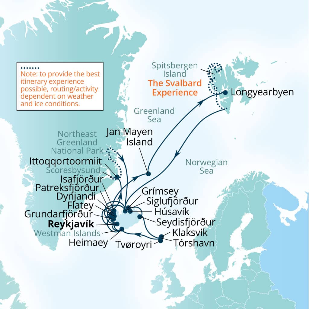 Seabourn Pursuit 42-day Reykjavik, Iceland to Reykjavik, Iceland itinerary map, July 12-August 23 2028