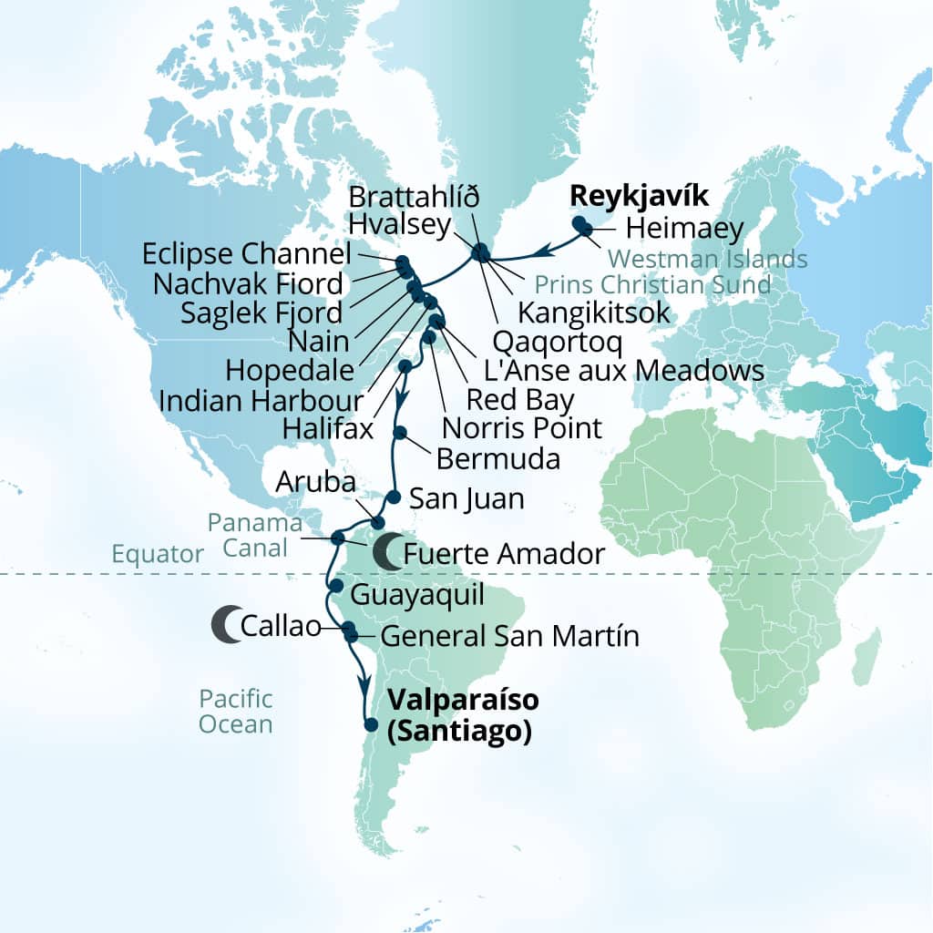 Seabourn Pursuit 42-day Reykjavik, Iceland to Valparaiso (Santiago), Chile itinerary map, September 6-October 18 2028