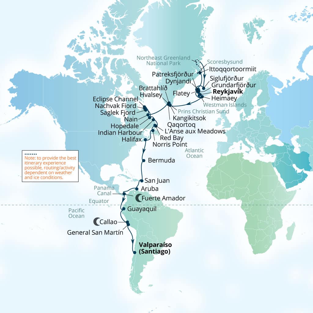 Seabourn Pursuit 56-day Reykjavik, Iceland to Valparaiso (Santiago), Chile itinerary map, August 23-October 18 2028