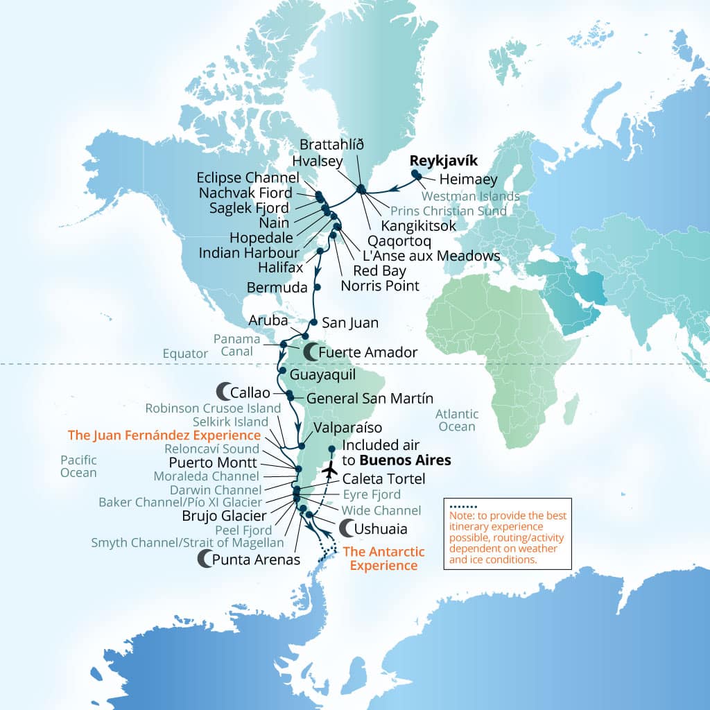 Seabourn Pursuit 64-day Reykjavik, Iceland to Buenos Aires itinerary map, September 6-November 9 2028