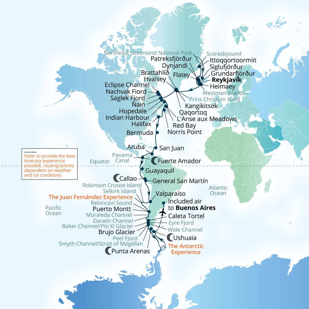 Seabourn Pursuit 78-day Reykjavik, Iceland to Buenos Aires itinerary map, August 23-November 9 2028