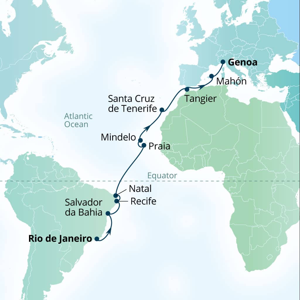 Seabourn Pursuit 22-day Rio de Janeiro, Brazil to Genoa, Italy itinerary map, April 20-May 12 2028