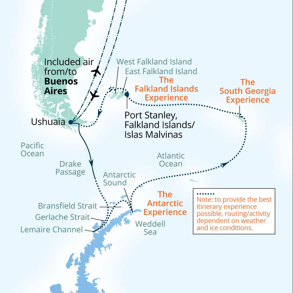 Seabourn Pursuit 21-day Buenos Aires to Buenos Aires itinerary map, November 8-29 2028