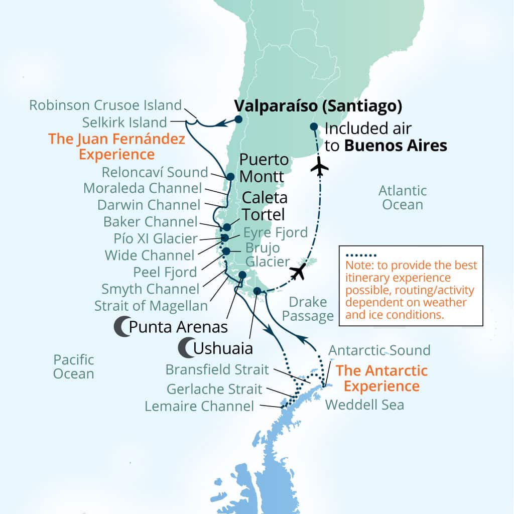Seabourn Pursuit 22-day Valparaiso (Santiago), Chile to Buenos Aires itinerary map, October 18-November 9 2028