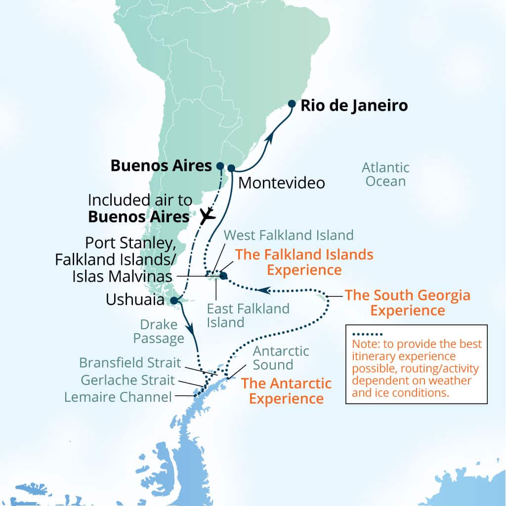 Seabourn Pursuit 26-day Buenos Aires to Rio de Janeiro, Brazil itinerary map, March 25-April 20 2028