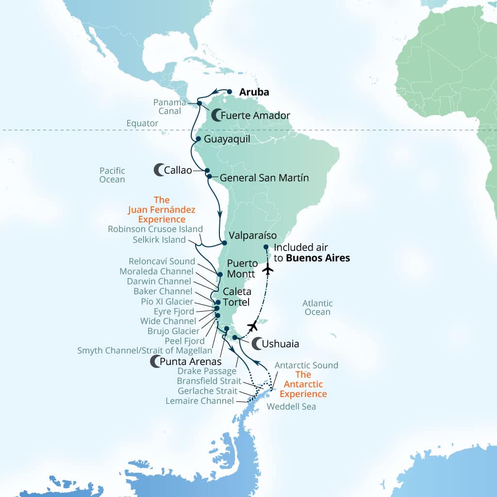 Seabourn Pursuit 38-day Oranjestad, Aruba to Buenos Aires itinerary map, October 2-November 9 2028