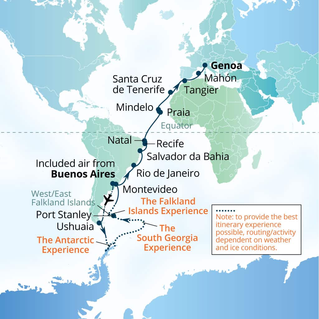 Seabourn Pursuit 48-day Buenos Aires to Genoa, Italy itinerary map, March 25-May 12 2028