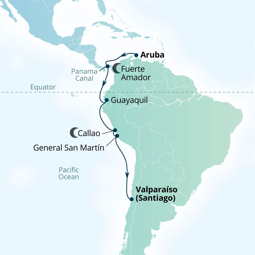 Seabourn Pursuit 16-day Oranjestad, Aruba to Valparaiso (Santiago), Chile itinerary map, October 2-18 2028