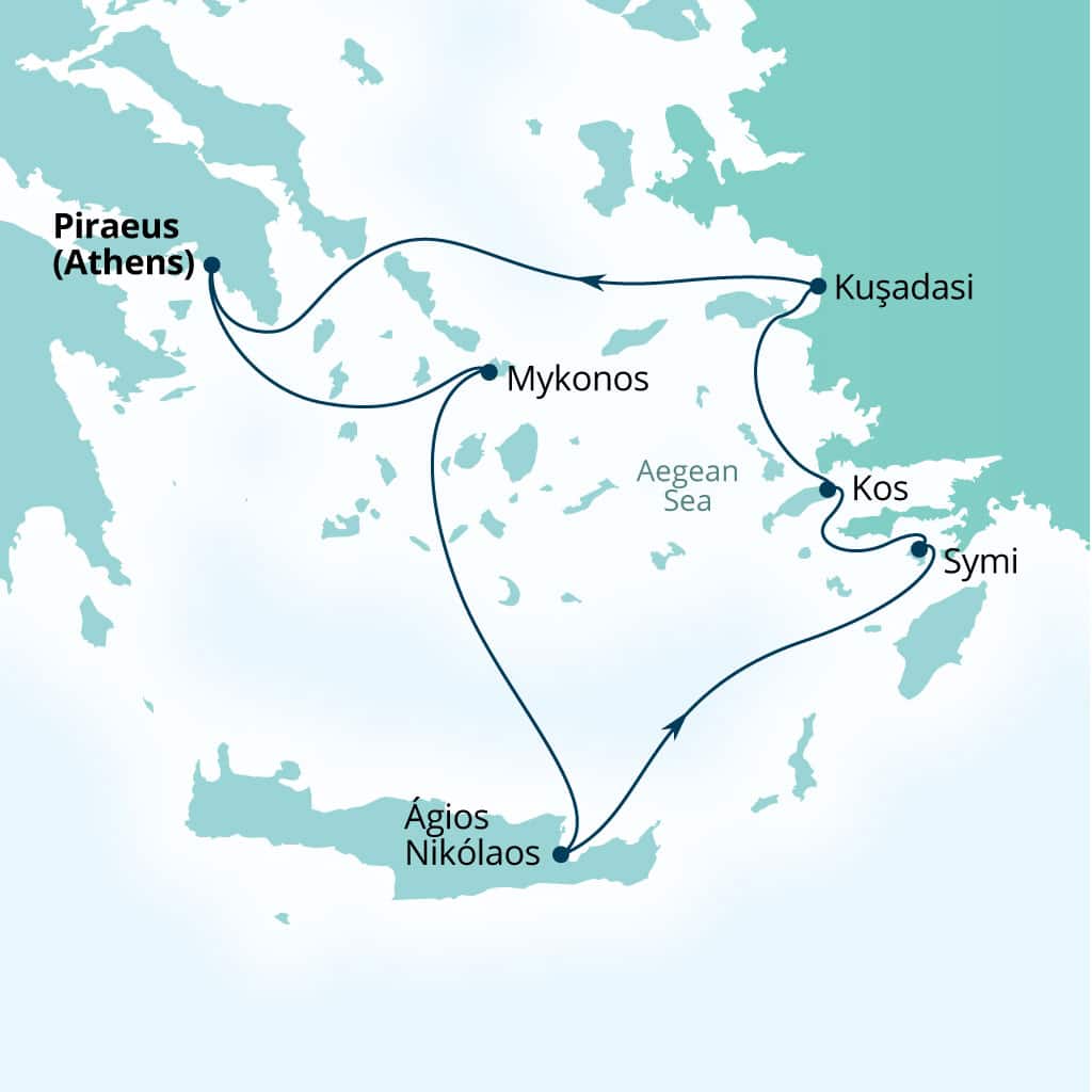 Seabourn Quest 7-day Piraeus (Athens), Greece to Piraeus (Athens), Greece itinerary map, July 19-26 2026