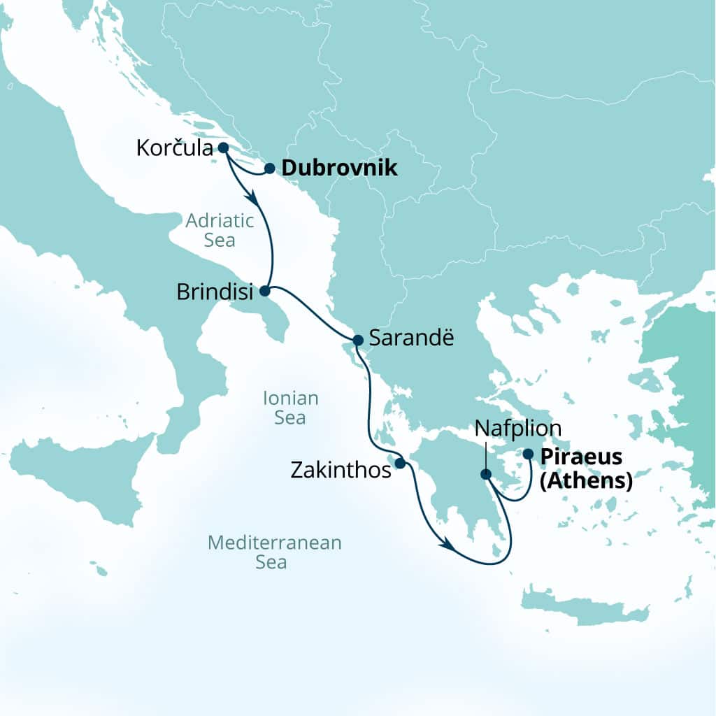 Seabourn Quest 7-day Dubrovnik, Croatia to Piraeus (Athens), Greece itinerary map, August 9-16 2026