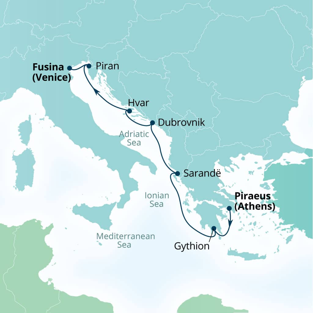 Seabourn Quest 7-day Piraeus (Athens), Greece to Fusina (Venice), Italy itinerary map, August 30-September 6 2026