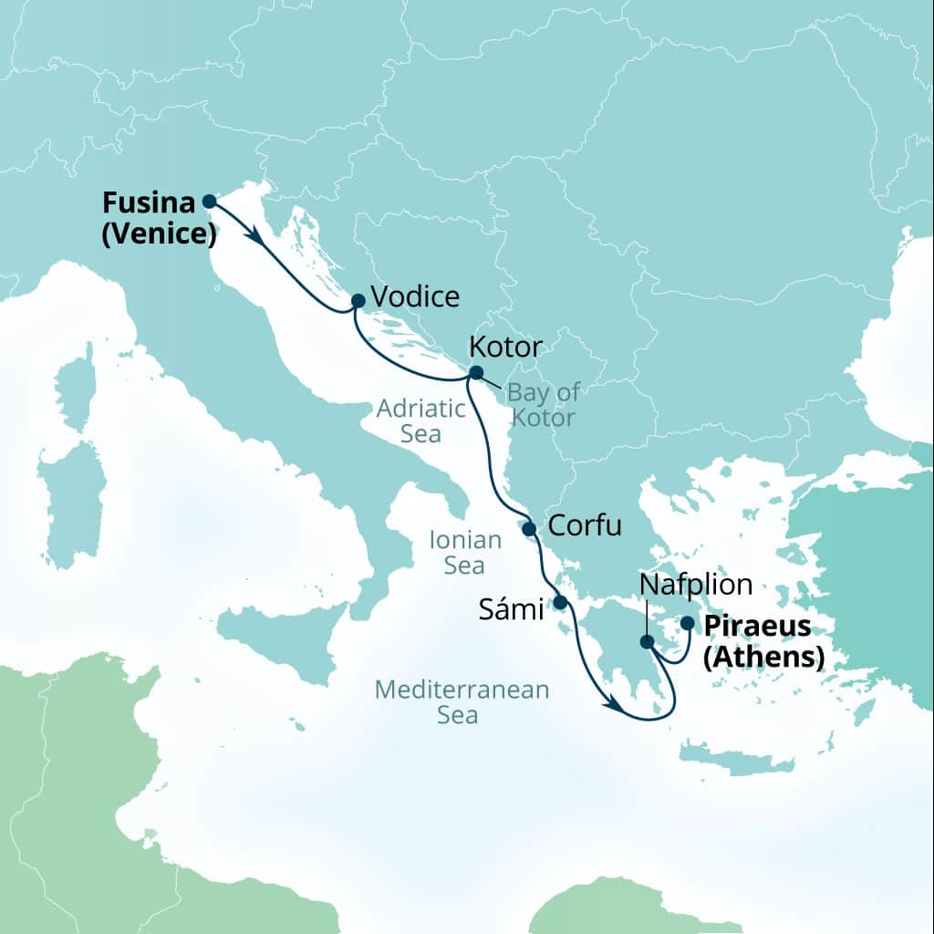 Seabourn Quest 7-day Fusina (Venice), Italy to Piraeus (Athens), Greece itinerary map, September 6-13 2026