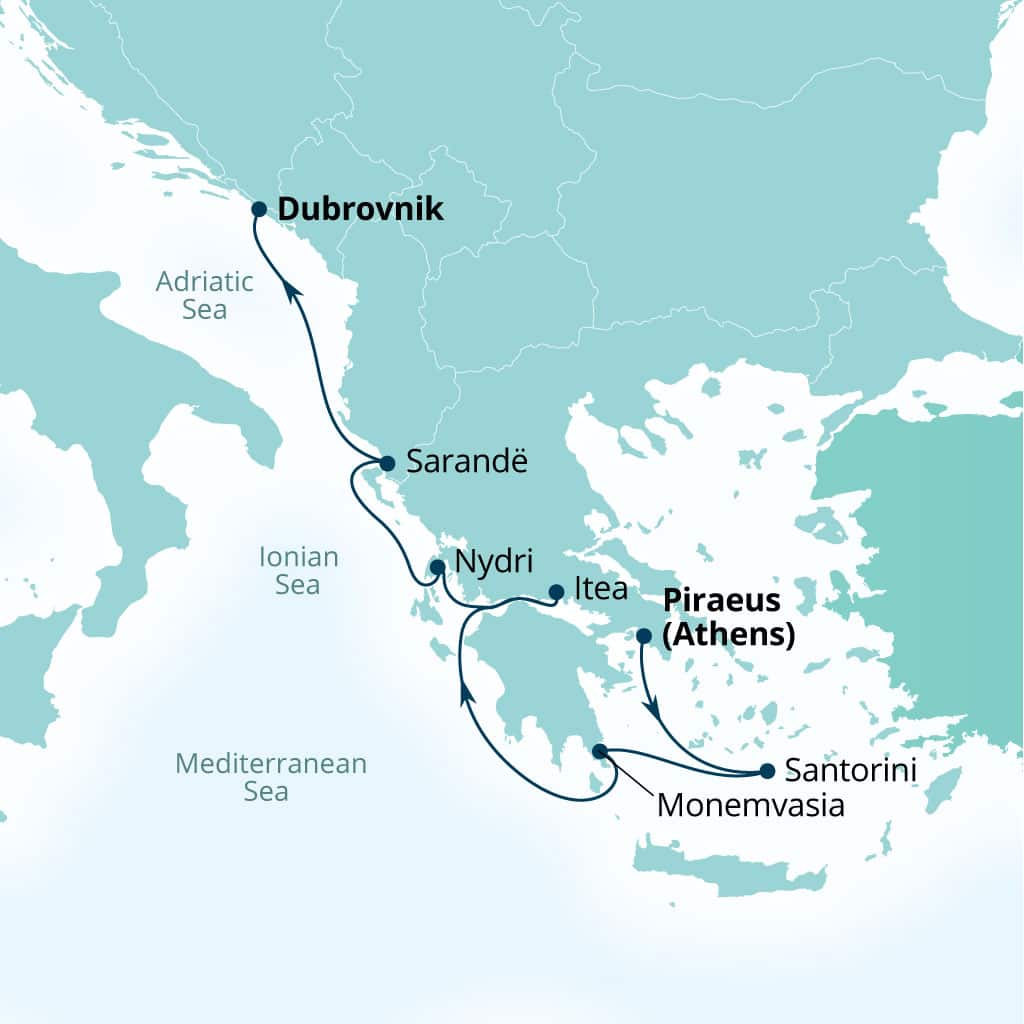 Seabourn Quest 7-day Piraeus (Athens), Greece to Dubrovnik, Croatia itinerary map, September 20-27 2026