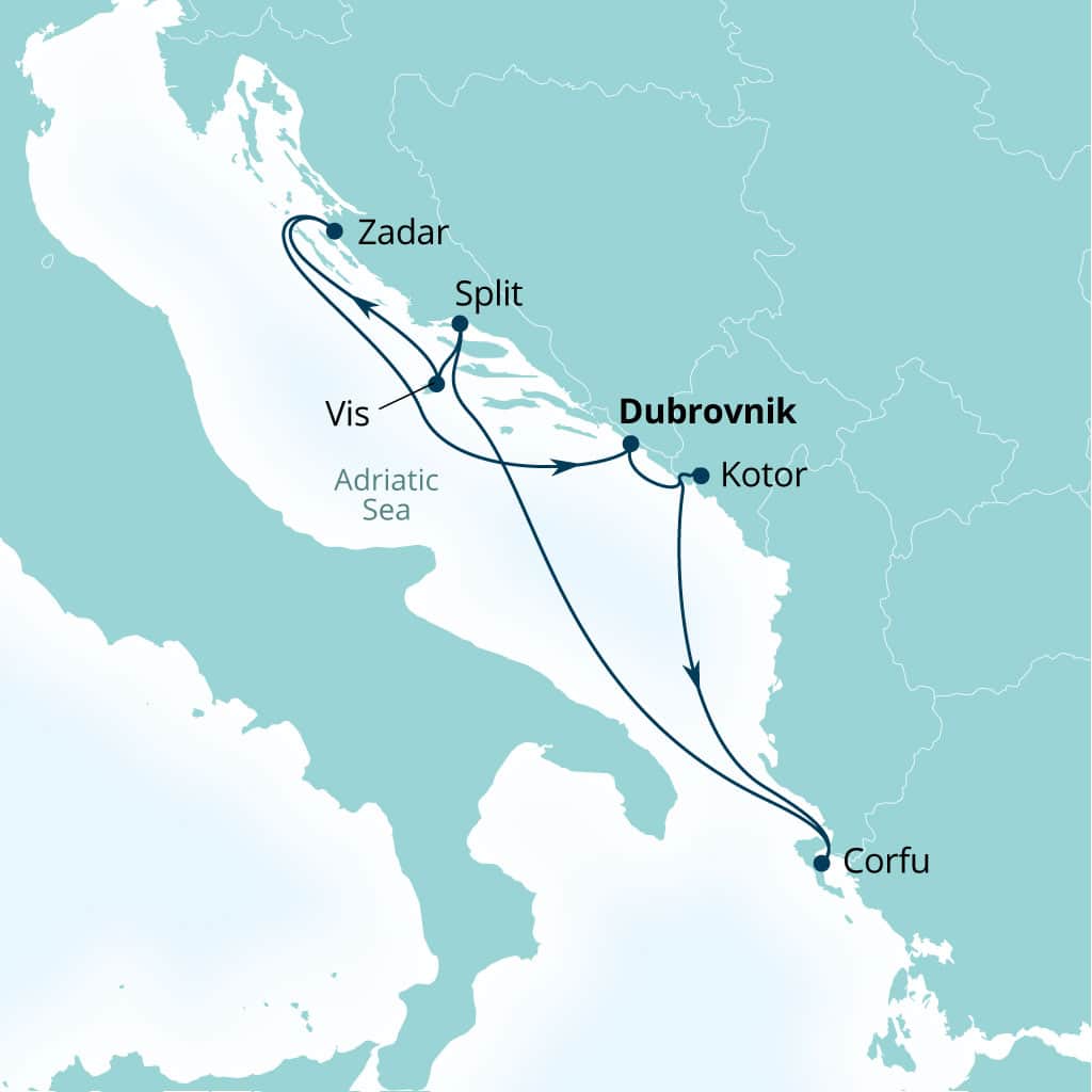 Seabourn Quest 7-day Dubrovnik, Croatia to Dubrovnik, Croatia itinerary map, September 27-October 4 2026