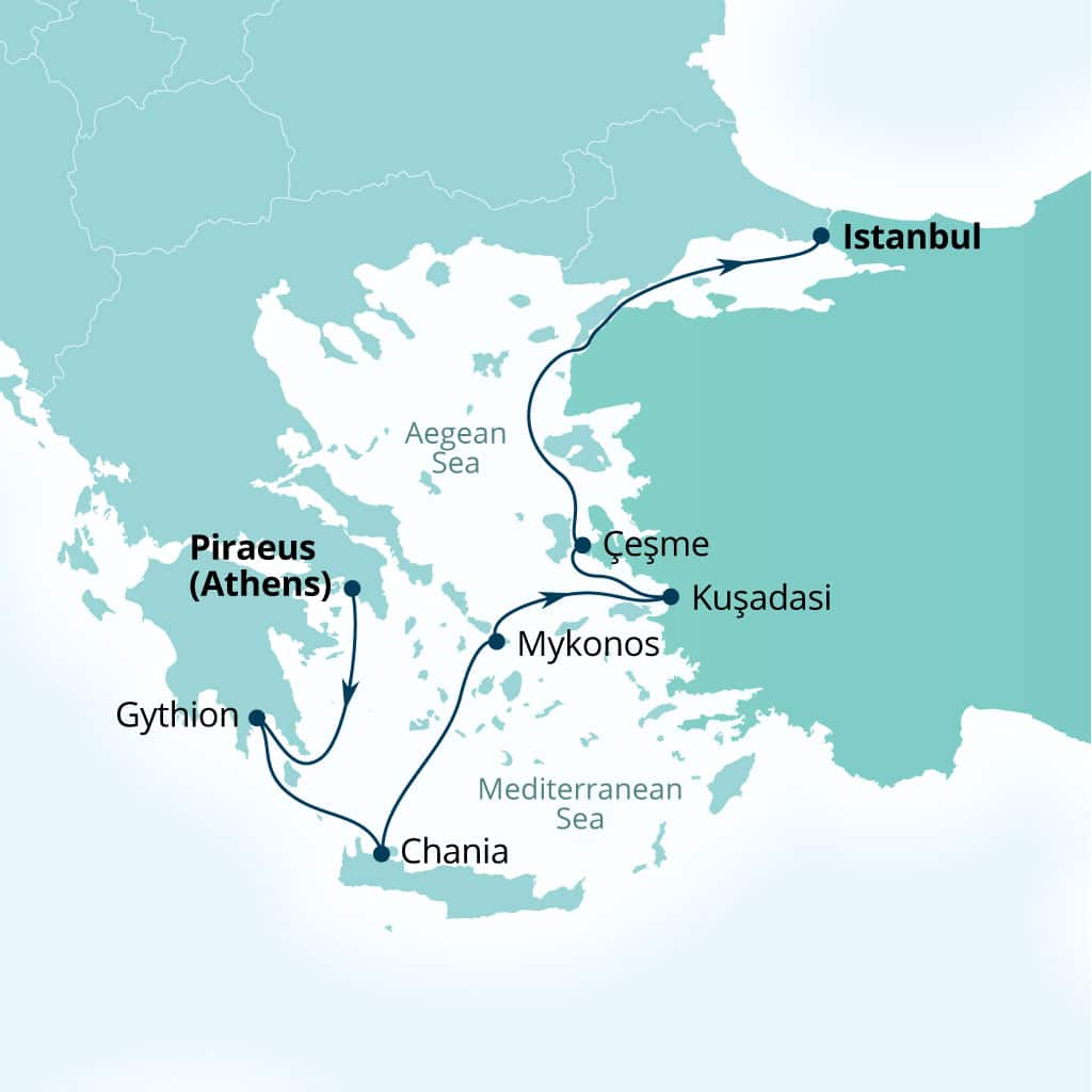 Seabourn Quest 7-day Piraeus (Athens), Greece to Istanbul, Turkey itinerary map, October 11-18 2026