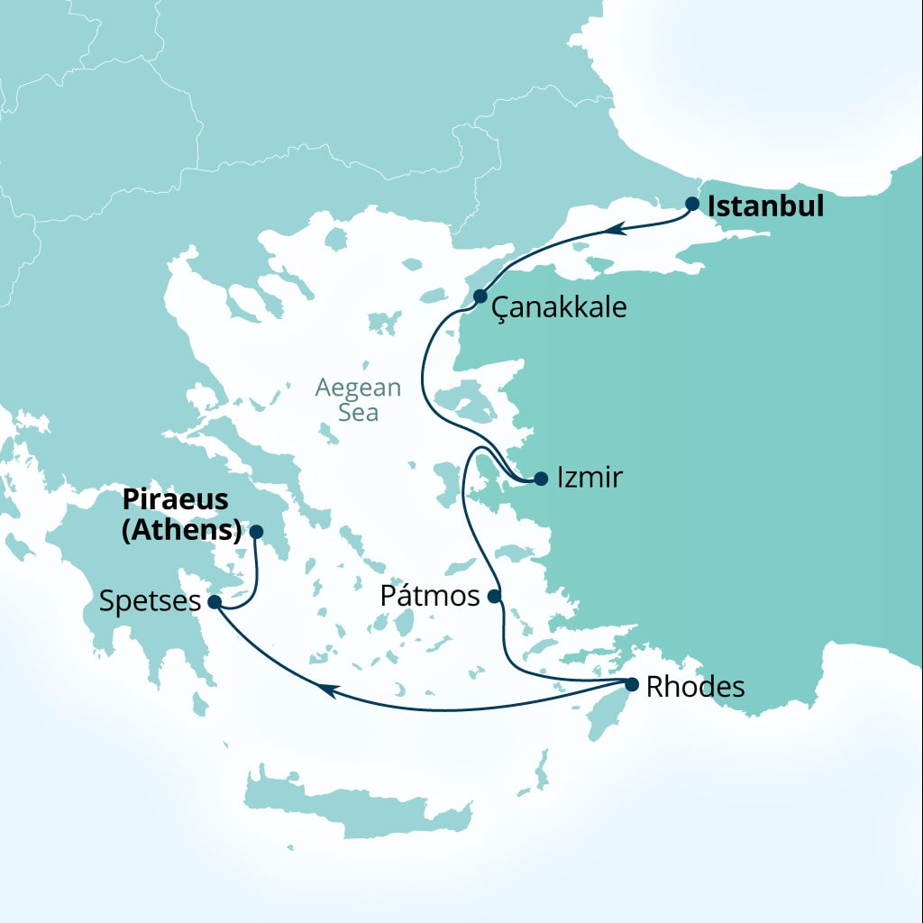 Seabourn Quest 7-day Istanbul, Turkey to Piraeus (Athens), Greece itinerary map, October 18-25 2026