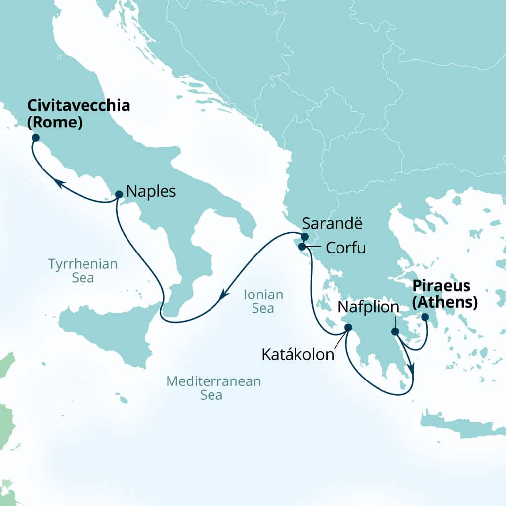 Seabourn Quest 7-day Piraeus (Athens), Greece to Civitavecchia (Rome), Italy itinerary map, October 25-November 1 2026