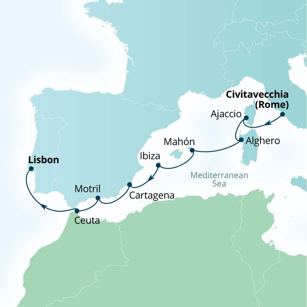 Seabourn Quest 9-day Civitavecchia (Rome), Italy to Lisbon, Portugal itinerary map, November 1-10 2026