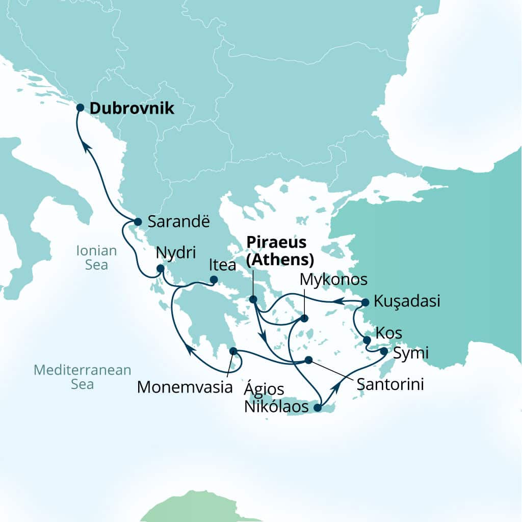 Seabourn Quest 14-day Piraeus (Athens), Greece to Dubrovnik, Croatia itinerary map, July 19-August 2 2026