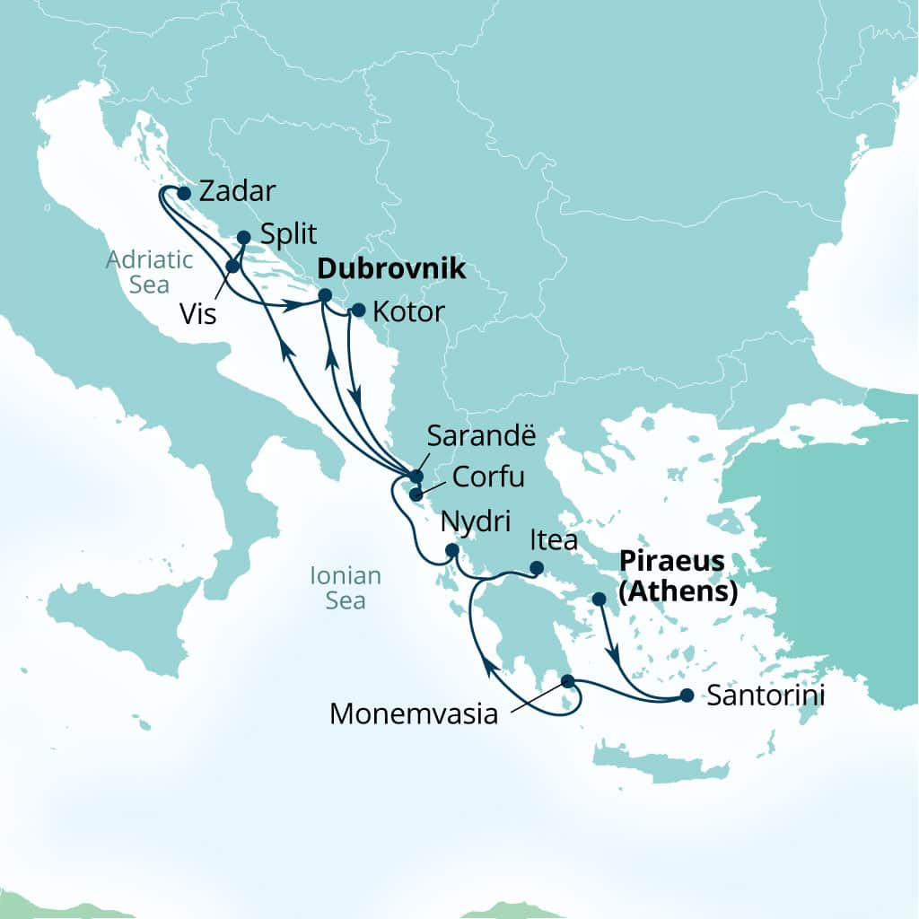 Seabourn Quest 14-day Piraeus (Athens), Greece to Dubrovnik, Croatia itinerary map, July 26-August 9 2026