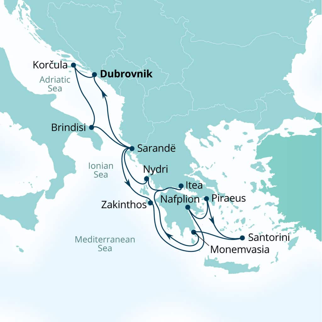 Seabourn Quest 14-day Dubrovnik, Croatia to Dubrovnik, Croatia itinerary map, August 9-23 2026