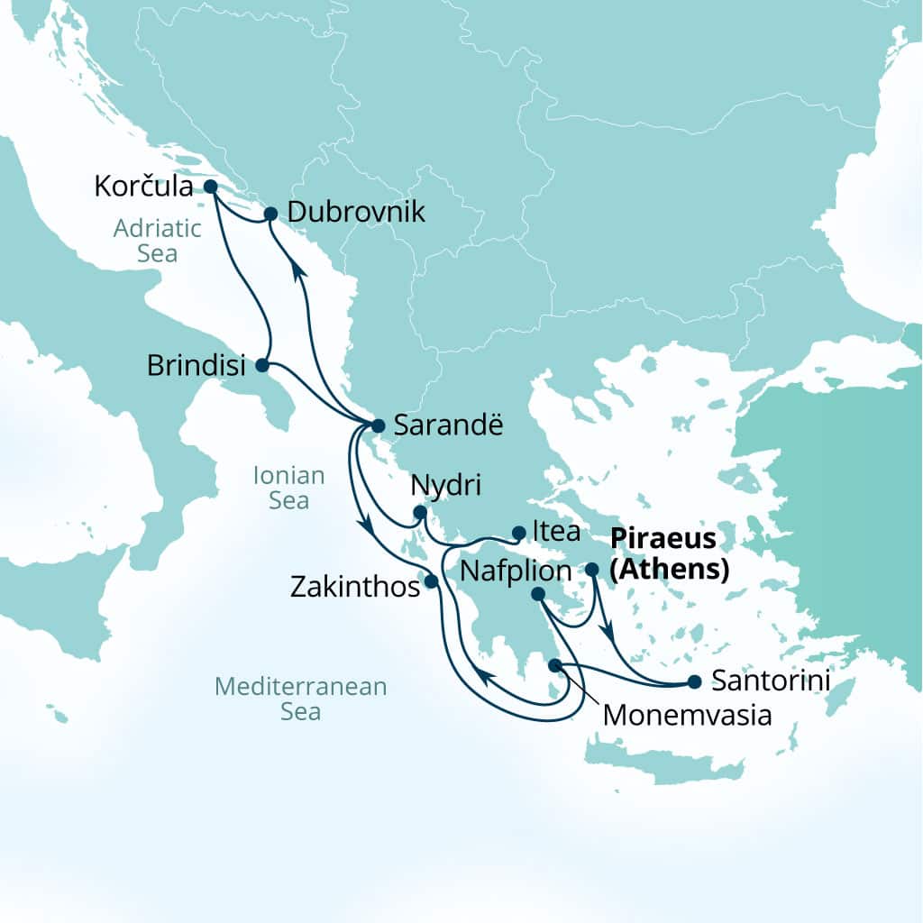 Seabourn Quest 14-day Piraeus (Athens), Greece to Piraeus (Athens), Greece itinerary map, August 16-30 2026