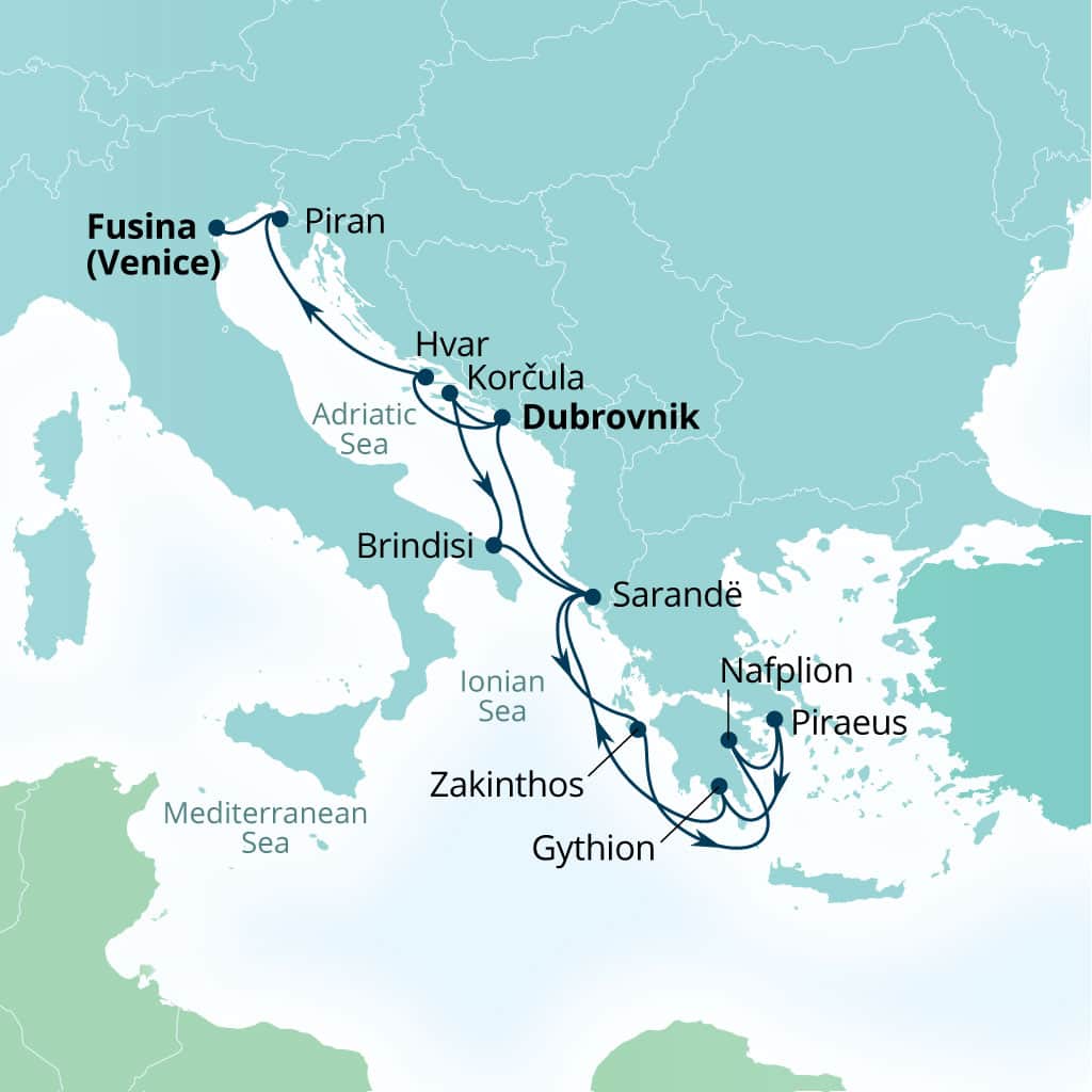 Seabourn Quest 14-day Dubrovnik, Croatia to Fusina (Venice), Italy itinerary map, August 23-September 6 2026